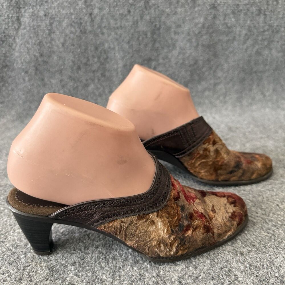 Romus Womens Vintage Floral Calf Hair Mules Brown Leather Trim Kitten Heel Sz 37